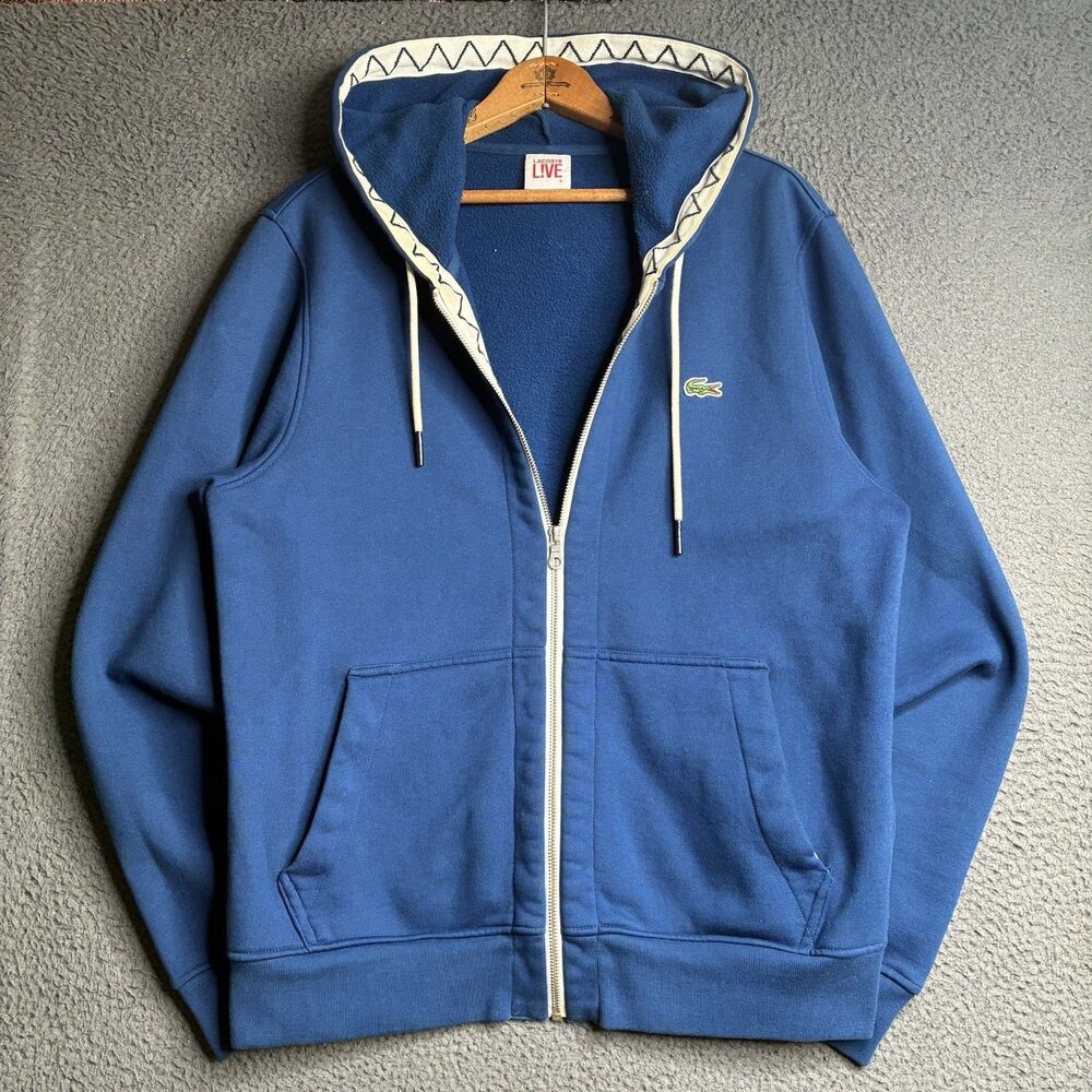 LACOSTE Full Zip Hoodie Sweater Fleece Jacket L 5 Crocodile Classic Fit Blue